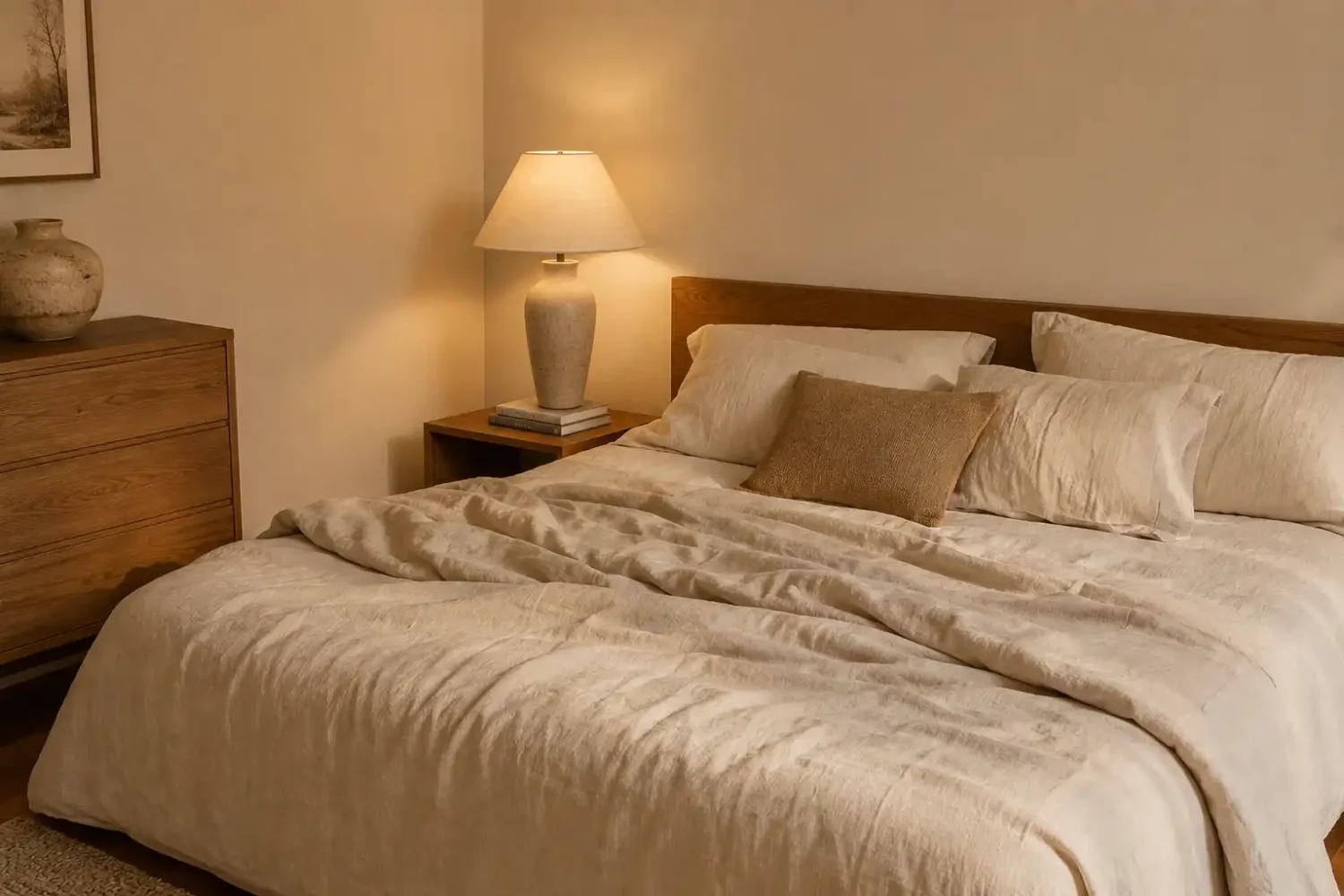 Warm beige bedroom with rumpled oat linen bedding, warm wood headboard and dresser, and ceramic lamp on nightstand.