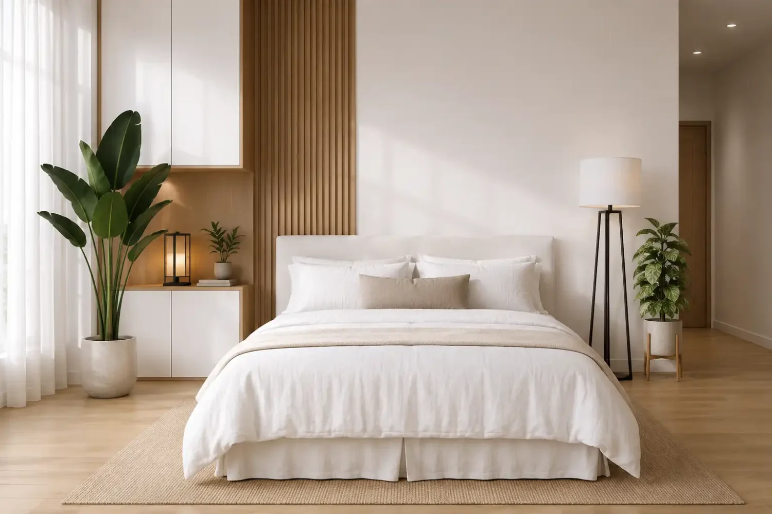 Warm minimalist bedroom featuring a cream upholstered bed, natural wood slat accent wall, soft neutral bedding, indoor plants, and earthy tones bedroom styling with clean lines and layered textures.