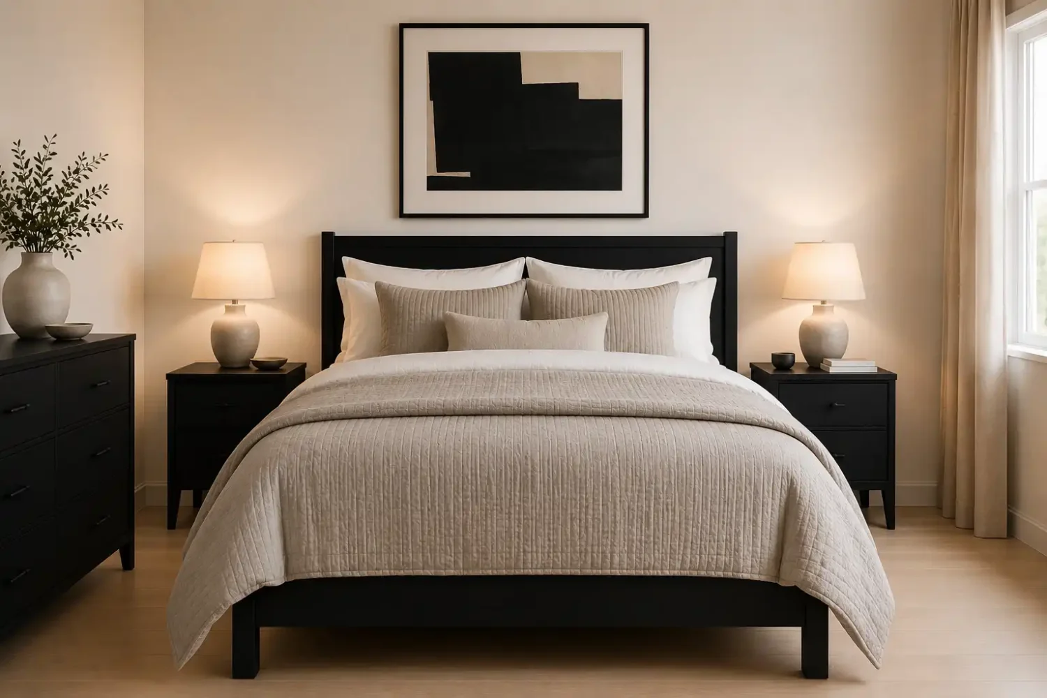 Warm minimalist bedroom featuring black furniture, a black abstract wall art print, cream bedding, soft 2700K bedside lamps, and earthy tones bedroom styling with cozy ambient lighting.