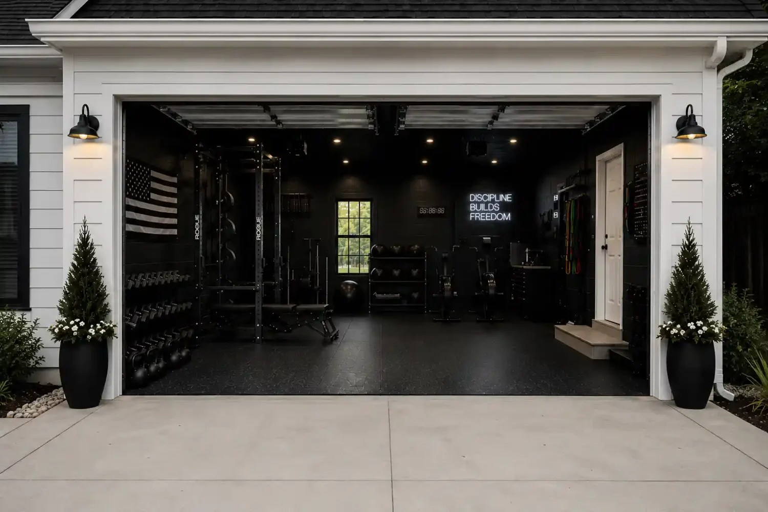 Black garage gym with open door neon sign rubber flooring and full equipment setup inside white farmhouse exterior.