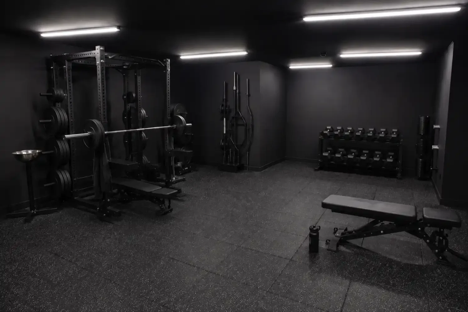 Black garage gym equipment standing out clearly under bright lighting against dark walls and flooring.