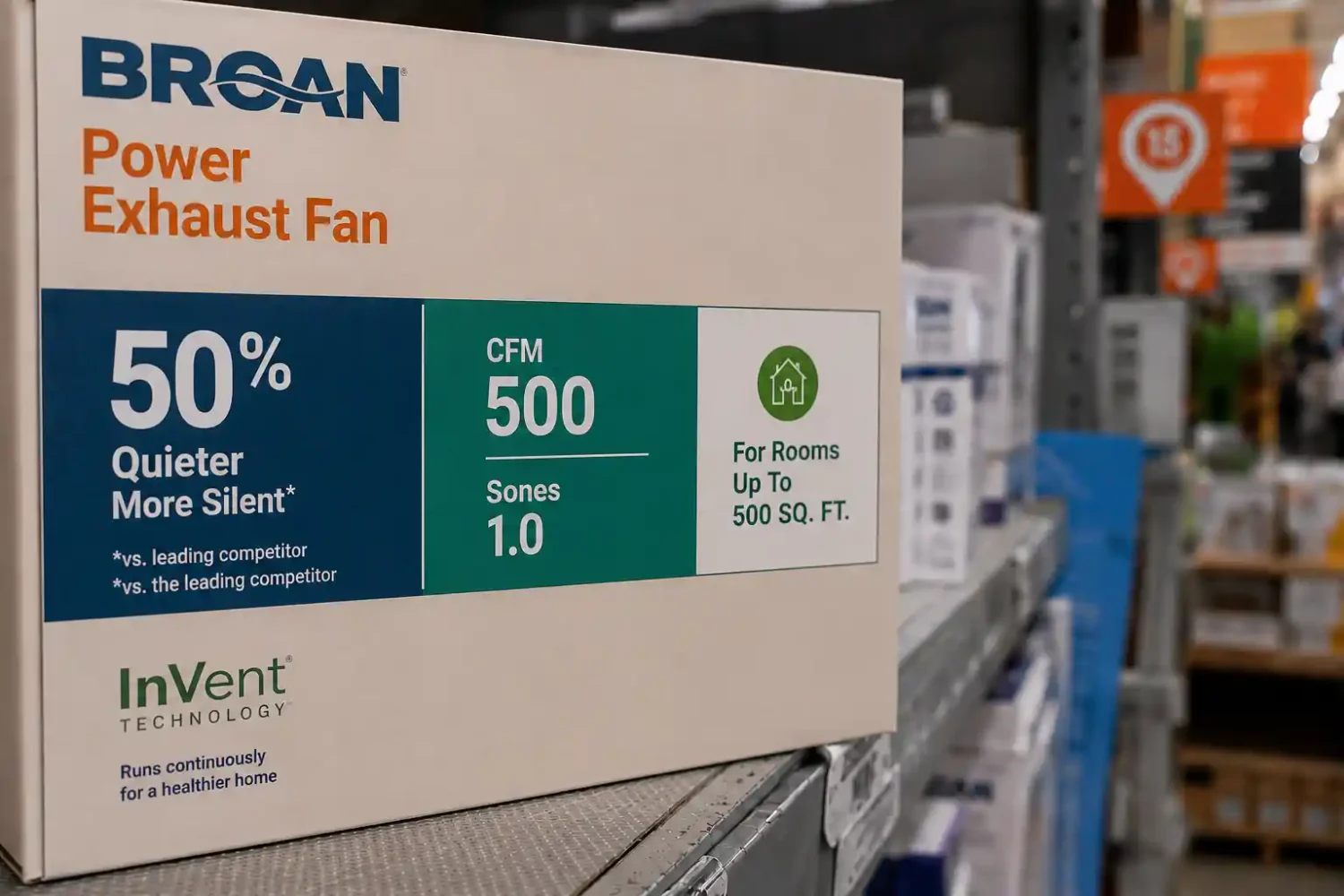 Broan power exhaust fan box showing 500 CFM rating for rooms up to 500 square feet for garage gym ventilation
