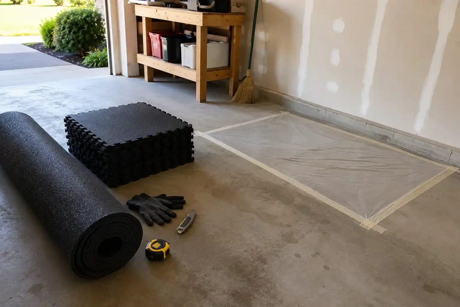 Clear plastic sheet taped to a concrete garage floor for a moisture test, with rubber gym flooring roll, interlocking tiles, and installation tools nearby.