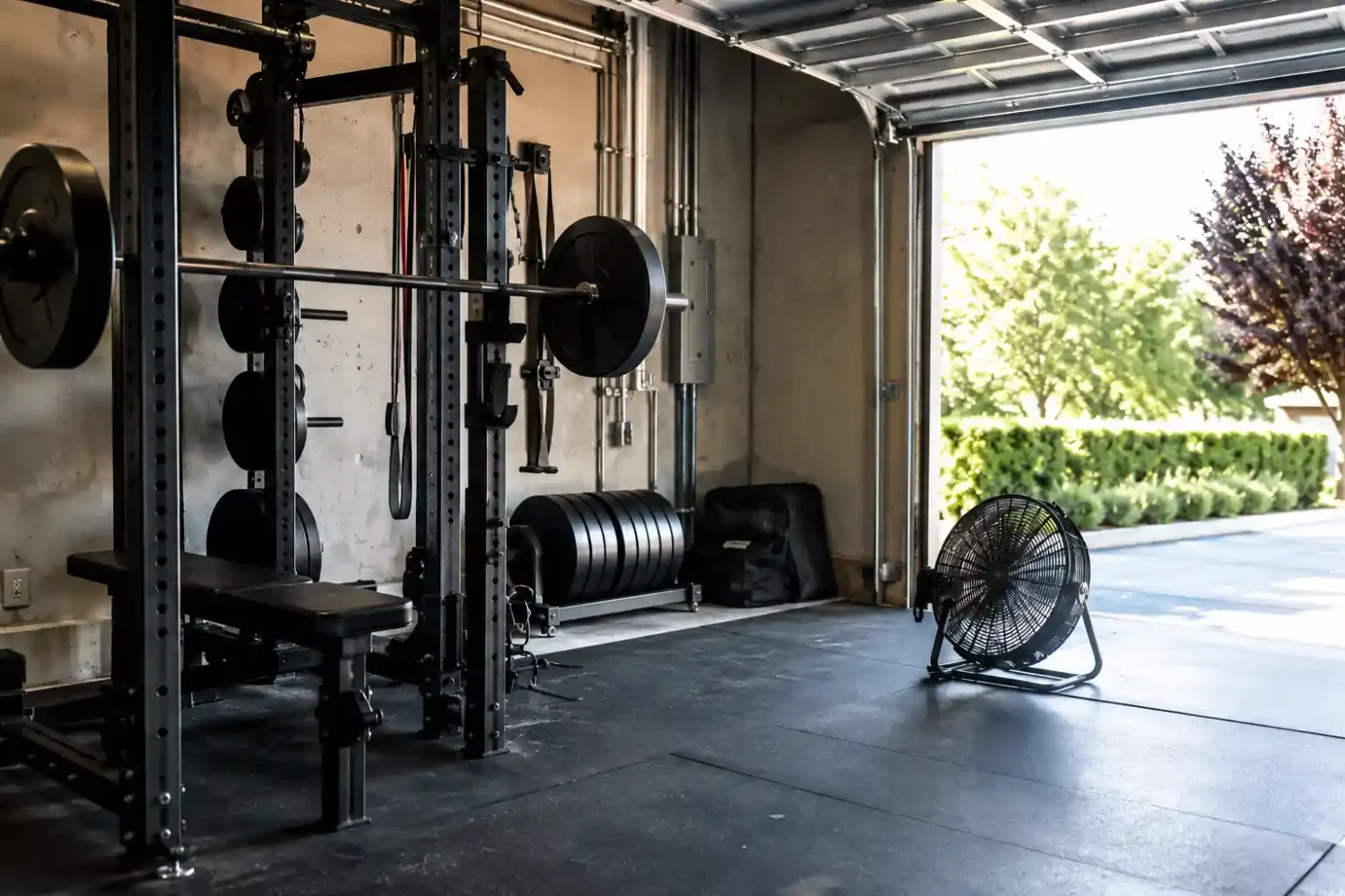 Gym ventilation using an open garage door and floor fan next to a power rack with rubber flooring and weight plates.
