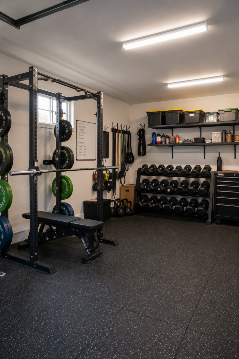 Garage gym lighting example showing overhead LED fixtures, a squat rack, dumbbells, and separate workout zones.
