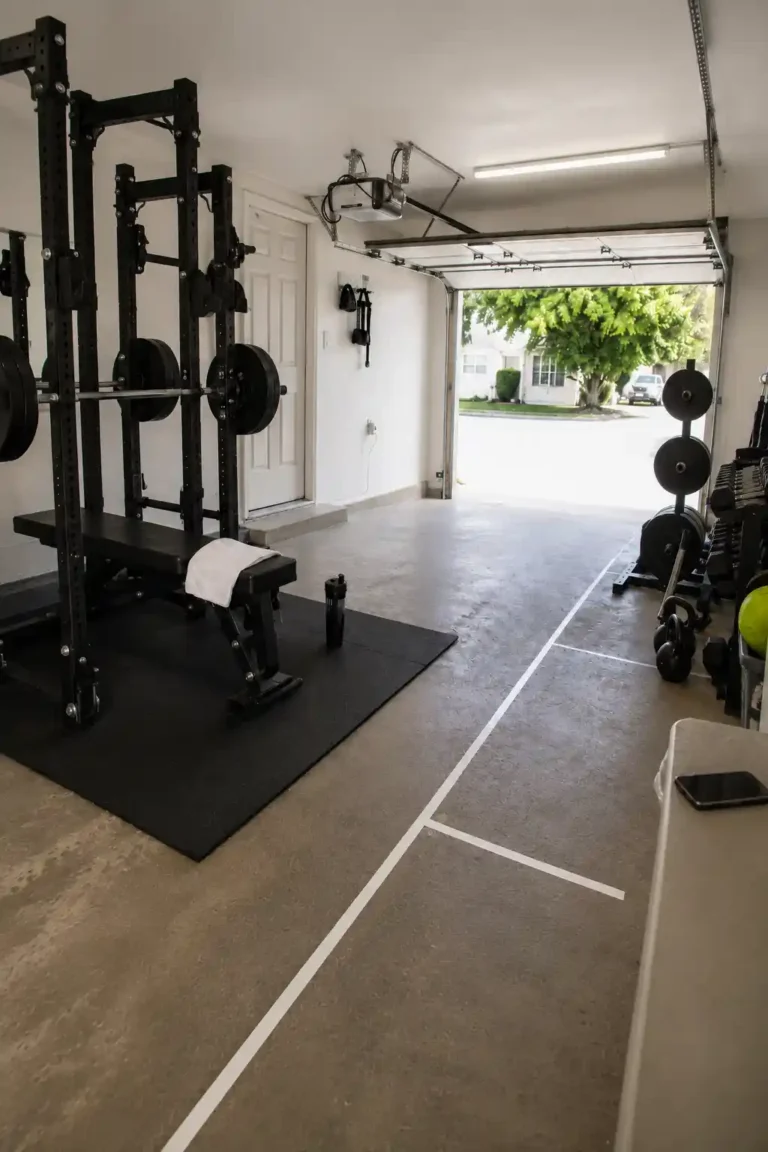 Garage gym storage ideas with a power rack and bench on black rubber flooring, open concrete floor space marked with white tape workout zones, dumbbell storage along one wall, and an open garage door providing natural daylight. The layout demonstrates how designated workout and walking areas can improve organization and traffic flow in a small garage gym.
