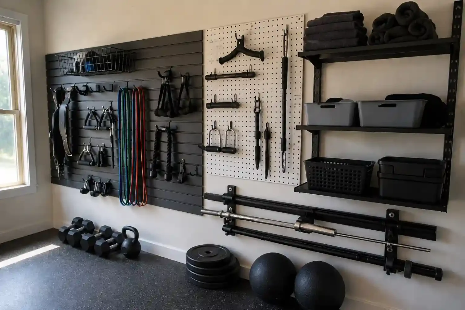 Garage gym wall combining slatwall, pegboard, and open shelving storage systems with accessories, bins, and towels organized by type.